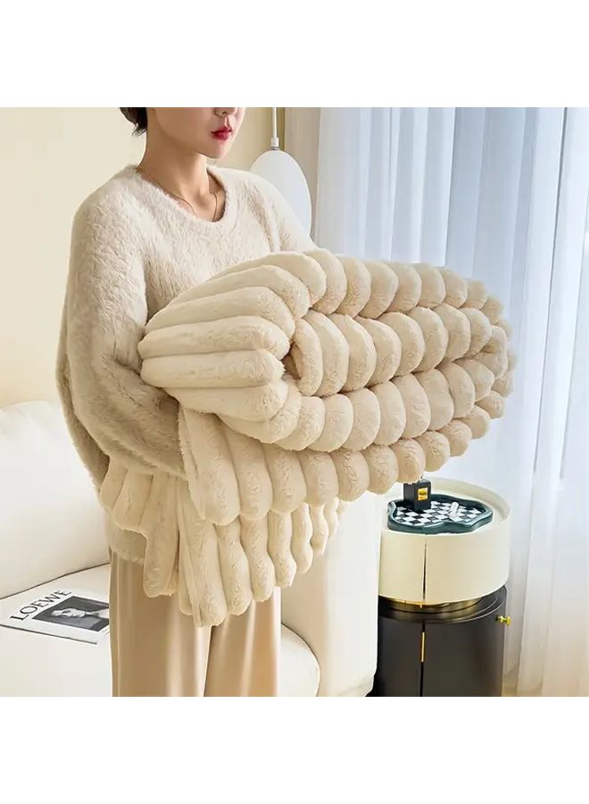 Cream White Faux Fur Plush Blanket 70x100cm Double Sided Fleece All Season Bedspread Throw - Image 1